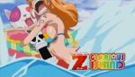  1boy 1girl animated animated_gif bikini breast_press breasts brook erect_nipples long_hair nami_(one_piece) nipples one_piece orange_hair original pool scared swimsuit water wet 