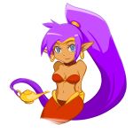  1girl artist_request blue_eyes earrings jewelry pointy_ears ponytail purple_hair shantae shantae_(character) simple_background 