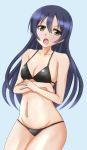  1girl ankoro_(momomonsss) bikini blue_hair blush breasts cleavage long_hair looking_at_viewer love_live! love_live!_school_idol_project open_mouth simple_background small_breasts sonoda_umi swimsuit yellow_eyes 