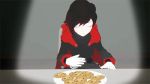  3d animated animated_gif cape cookie eating food grey_eyes hood monty_oum ruby_rose rwby short_hair 