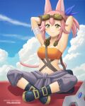  animal_ears armpits bandaid blue_ribbon duel_monster goggles goggles_on_head highres kitt_(yu-gi-oh!) pink_hair pralinesquire ribbon sky tail tri-brigade_kitt twintails wrench yellow_eyes yu-gi-oh! 