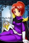  1girl cape character_name female gloves gundam helmet kycilia_zabi machinosuke mobile_suit_gundam redhead sitting solo violet_eyes 