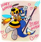  2girls antennae bee black_eyes capcom duplicate female gradient gradient_background heart honey_woman jonathan_kim looking_at_viewer mermaid monster_girl multiple_girls robot rockman rockman_(classic) splash_woman trident 