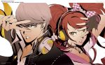  1boy 1girl bow breasts brown_eyes brown_hair choker cleavage fingerless_gloves gloves grey_eyes hair_bow headphones kujikawa_rise lipstick makeup narukami_yuu official_art open_collar parted_lips persona persona_4 persona_4:_dancing_all_night pink_lipstick silver_hair simple_background soejima_shigenori twintails v 