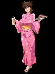  1girl ajiyoshi_noriko alcohol beer black_background blush breasts brown_eyes brown_hair cup feet food highres huge_breasts japanese_clothes kimono looking_at_viewer milf mister_ajikko nightmare_express onigiri_(ocelot) sandals short_hair simple_background smile solo standing toes tray 