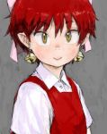  1girl :&gt; bell bell_earrings bow buttons collar collared_shirt dress earrings gegege_no_kitarou grey_background hair_bow hair_ornament jewelry long_sleeves looking_at_viewer nekomusume nostrils pointy_ears pon portrait redhead sanpaku shirt short_hair simple_background slit_pupils smile solo tsurime yellow_eyes 