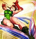  1girl bare_shoulders black_boots blonde_hair boots braid braids breasts cammy_white capcom combat_boots curvy female fingerless_gloves gloves gradient gradient_background hat jumping kick large_breasts legs leotard lips long_hair muscle official_art solo street_fighter street_fighter_v thong_leotard twin_braids 