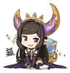  1girl arurumeiya black_hair chibi granblue_fantasy harbin jingai_modoki long_hair pointy_ears simple_background solo thigh-highs 