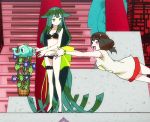  2girls animated animated_gif bikini black_bikini brown_hair female flower frilled_bikini frills gatchaman gatchaman_crowds green_eyes green_hair high_heels ichinose_hajime leg_garter long_hair multiple_girls swimsuit utsutsu 