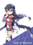  1girl armor belt black_hair braid breasts brown_eyes chains coat copyright_name long_hair navel simple_background skirt tales_of_(series) tales_of_berseria torn_clothes velvet_crowe 