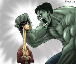  2boys crossover gradient gradient_background green_skin hulk marvel monkey_d_luffy multiple_boys one_piece open_mouth stretch 