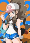  1girl blue_eyes brown_hair dewott hainchu nintendo pignite pokemon simple_background touko_(pokemon) 