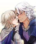  2boys blonde_hair blush cape cheppo eyepatch fire_emblem fire_emblem_if multiple_boys my_unit_(fire_emblem_if) simple_background sweat white_hair yaoi zero_(fire_emblem_if) 