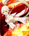  1girl bare_shoulders blonde_hair boots breasts detached_sleeves fire gradient gradient_background hair_ornament lailah_(tales) long_hair open_mouth ponytail red_eyes rose_(tales) skirt sword tales_of_(series) tales_of_zestiria thigh-highs thigh_boots weapon 