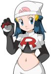  1girl blue_eyes blue_hair hainchu hikari_(pokemon) navel nintendo pokemon simple_background solo team_rocket_(cosplay) 
