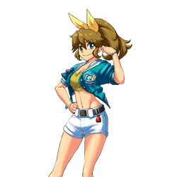 1girl alternate_costume belt blue_eyes borrowed_character bow breasts brown_hair cleavage cowboy_shot crop_top groin hair_bow hair_ornament hand_on_hip iwa-saka jacket m.u.g.e.n midriff mugen_ryuko navel original ponytail shorts simple_background smile solo tagme watch