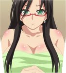 1girl black_hair breasts cleavage collarbone earrings female glasses green_eyes green_towel hasegawa_chisato jewelry large_breasts long_hair shinmai_maou_no_testament simple_background smile solo stitched towel