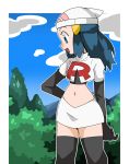  blue_eyes blue_hair gradient gradient_background hainchu hikari_(pokemon) navel nintendo pokemon team_rocket_(cosplay) 