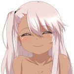  1girl ^_^ bad_id blush chloe_von_einzbern closed_eyes collarbone dark_skin fate/kaleid_liner_prisma_illya fate_(series) highres long_hair mapar pink_hair side_ponytail simple_background smile solo tears topless upper_body white_background 