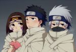  1girl 2boys black_eyes black_hair brown_eyes brown_hair eyebrows forehead_protector gradient gradient_background hatake_kakashi konohagakure_symbol multiple_boys naruto nohara_rin short_hair shueisha silver_hair uchiha_obito 