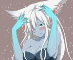  1girl animal_ears blue_eyes blue_skin blush breasts female league_of_legends lissandra long_hair simple_background snowing solo tagme white_hair 