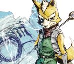  1boy belt fox fox_mccloud furry gloves green_eyes jacket nintendo outdoors scarf staff star_fox 