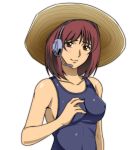  1girl bare_shoulders blush breasts brown_eyes brown_hair erect_nipples female gundam gundam_lost_war_chronicles hat headset looking_at_viewer mochi_mame noel_anderson one-piece_swimsuit simple_background smile solo swimsuit 