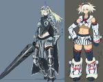  2girls armor belt blue_eyes boots capcom cape female horn kirin_(armor) lance midriff monster_hunter multiple_girls navel polearm short_hair simple_background skirt smile weapon white_hair 