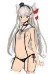  1girl amatsukaze_(kantai_collection) black_panties breasts brown_eyes cowboy_shot cropped_legs hat kantai_collection long_hair looking_at_viewer mini_hat navel panties poin_(hidsuki) sailor_collar side-tie_panties silver_hair simple_background small_breasts solo underwear white_background 