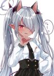  animal_ears blue_archive cat_ears commentary_request dark_skin dark-skinned_female embarrassed fake_animal_ears hair_over_one_eye halo highres iori_(blue_archive) long_hair necktie pointy_ears red_eyes sese_nagi silver_hair simple_background tan twintails white_background 