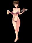  1girl ajiyoshi_noriko alcohol barefoot beer bikini black_background blush breasts brown_eyes brown_hair cleavage cup feet food highres huge_breasts legs looking_at_viewer milf mister_ajikko navel nightmare_express onigiri_(ocelot) short_hair simple_background smile solo standing swimsuit thighs thong toes tray 