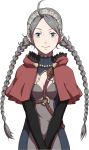  1girl ahoge braid breasts cleavage eponine_(fire_emblem_if) fire_emblem fire_emblem_if grey_hair hairband hooded_cape official_art red_cape simple_background solo twin_braids upper_body 