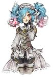  1girl armor blue_hair breastplate fire_emblem fire_emblem_if hair_over_one_eye licking_lips mimasho pieri_(fire_emblem_if) pink_hair simple_background tied_hair tongue tongue_out twintails two-tone_hair 