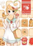  1girl aqua_eyes bacon bag bangs blonde_hair blush bow braid bread butter buttons cheese dress egg food food_as_clothes food_themed_clothes hat highres holding honey jam jar lettuce meat mouth_hold original sailor_collar sandwich sleeveless sleeveless_dress solo swept_bangs toast tomato twin_braids white_dress 