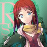  1girl blue_eyes character_name gradient gradient_background green_background hair_ornament halftone halftone_background hood jacket redhead rose_(tales) scarf short_hair striped_background tales_of_(series) tales_of_zestiria 