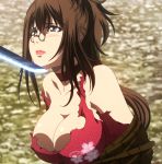  1girl blush breasts brown_hair cleavage female fuuun_ishin_dai_shogun glasses green_eyes hattori_kiriko highres large_breasts lips lipstick long_hair makeup pink_lipstick restrained rope screencap solo stitched sword topless torn_clothes very_long_hair weapon 