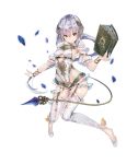  1girl atelier_(series) atelier_sophie book breasts female official_art plachta ponytail silver_hair simple_background small_breasts solo symbol-shaped_pupils thigh-highs 