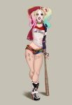  1girl armpit_holster baseball_bat batman_(series) blonde_hair blue_hair dc_comics dccu eyeshadow harley_quinn high_heels holster jewelry legs_crossed lipstick makeup multicolored_hair nail_polish pink_hair sequins shirt short_shorts shorts simple_background single_glove solo spiked_bracelet standing suicide_squad tattoo torn_clothes torn_shirt twintails 