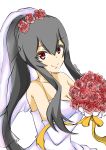  1girl absurdres bare_shoulders black_hair bouquet breasts dress elbow_gloves female flower gloves hair_between_eyes hair_flower hair_ornament highres holding holding_flower kantai_collection large_breasts ponytail red_eyes red_rose rose simple_background solo trixveer wedding_dress white_background white_dress white_gloves yahagi_(kantai_collection) 