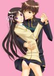  1boy 1girl asano_akira ass black_hair black_panties blush brown_hair code_geass couple from_behind genderswap green_eyes hair_ribbon hand_holding interlocked_fingers kururugi_suzaku lelouch_lamperouge long_hair looking_at_viewer looking_back luluko panties pink_background ribbon school_uniform shiny shiny_skin short_hair simple_background skirt smile underwear very_long_hair violet_eyes 