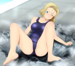  1girl absurdres android_18 ass barefoot blonde_hair blue_eyes blush breasts clenched_teeth collarbone dragon_ball dragonball_z feet female full_body highres large_breasts legs looking_at_viewer lying on_back pool short_hair soles solo spread_legs swimsuit teeth thighs toes water wince yadokari_genpachirou 