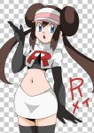  1girl blue_eyes brown_hair checkered hainchu mei_(pokemon) navel nintendo pokemon solo team_rocket_(cosplay) 