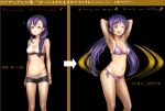  1girl armpits belly bikini braid breasts comparison dual_persona erect_nipples hair_ornament hairclip kyodairobo long_hair love_live!_school_idol_project open_mouth plump purple_hair short_shorts shorts side-tie_bikini simple_background single_braid smile sports_bra swimsuit toujou_nozomi translation_request twintails 