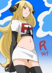  blonde_hair gradient gradient_background grey_eyes hainchu navel nintendo pokemon pokemon_champion shirona_(pokemon) team_rocket_(cosplay) 