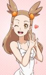  1girl 90s brown_hair gradient gradient_background gym_leader hair_ornament happy mikan_(pokemon) pokemon pokemon_(game) pokemon_gsc polka_dot polka_dot_background smile solo 