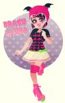  1girl artist_request draculaura fangs female gradient gradient_background high_heels looking_at_viewer monster_high open_mouth simple_background smile solo vampire violet_eyes 