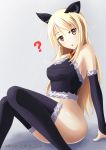  1girl ? animal_ears arm_support bare_shoulders bell bell_collar black_legwear blonde_hair blush bottomless breasts brown_eyes collar detached_sleeves erect_nipples fur_trim gradient gradient_background legs long_hair looking_at_viewer mimelex open_mouth sakura-sou_no_pet_na_kanojo shiina_mashiro sitting solo thigh-highs yellow_eyes 