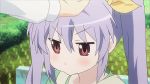  1girl :&gt; animated animated_gif blush brown_eyes child hair_ornament hair_ribbon hand_on_head long_hair lowres miyauchi_renge non_non_biyori patting plant pout purple_hair ribbon screencap shiny shiny_hair solo_focus twintails 