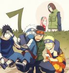  2girls 4boys annoyed arm_around_shoulder armband black_eyes black_hair blonde_hair brown_hair bush closed_eyes crouching flak_jacket forehead_protector goggles hand_on_forehead hand_on_thigh haruno_sakura hatake_kakashi konohagakure_symbol long_hair love_letter mask multiple_boys multiple_girls naruto nohara_rin pink_hair short_hair spiky_hair toes uchiha_obito uchiha_sasuke uzumaki_naruto white_hair 