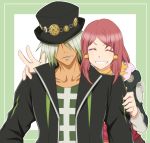  1boy 1girl belt closed_eyes coat dezel_(tales) green_background green_hair grin hair_ornament hat hood jacket multicolored_hair open_mouth redhead rose_(tales) scarf sharp_teeth simple_background smile tales_of_(series) tales_of_zestiria teeth v 